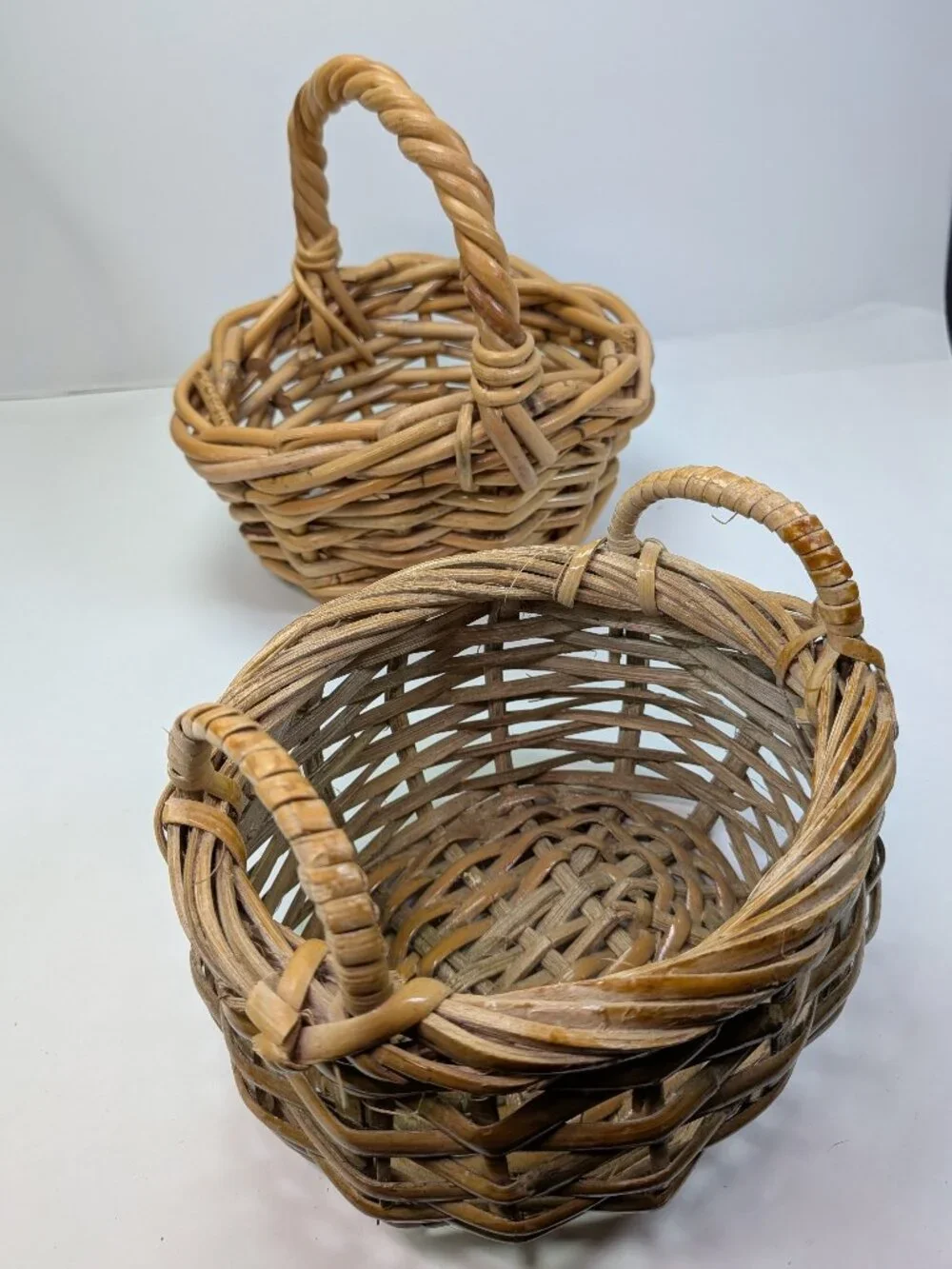 Vintage Natural Wicker Baskets Set of 2 Thick Vine Handled Gathering Baskets